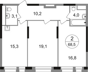 Планировка двухкомнатной(квартира) площадью 68.5 квадратных метров в ЖК “ЖК Первый Московский”