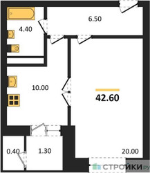 Планировка однокомнатной(квартира) площадью 42.6 квадратных метров в ЖК “ЖК Три квартала”