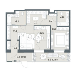 Планировка двухкомнатной(квартира) площадью 64 квадратных метров в ЖК “ЖК Станиславский”