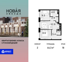 Планировка двухкомнатной(квартира) площадью 44.3 квадратных метров в “ЖК Новая Звезда (Газопровод)”