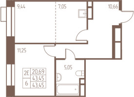 Планировка двухкомнатной(квартира) площадью 43.5 квадратных метров в “ЖК Западная Ивантеевка”