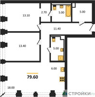 Планировка двухкомнатной(квартира) площадью 79.6 квадратных метров в “ЖК INJOY (Инджой)”