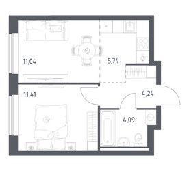 Планировка однокомнатной(квартира) площадью 36.52 квадратных метров в ЖК “ЖК Новое Видное”