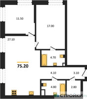 Планировка двухкомнатной(квартира) площадью 75.2 квадратных метров в “ЖК STONE Rise (Райз)”