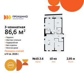 Планировка трехкомнатной(квартира) площадью 86.6 квадратных метров в ЖК “ЖК Прокшино”
