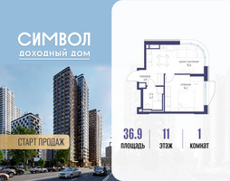 Планировка однокомнатной(квартира) площадью 36.9 квадратных метров в “ЖК Символ”