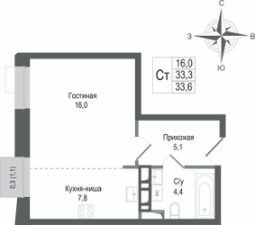 Планировка студии(квартира) площадью 33.3 квадратных метров в ЖК “ЖК КИНОКВАРТАЛ”