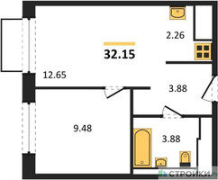 Планировка однокомнатной(квартира) площадью 32.15 квадратных метров в “ЖК Томилино Парк”