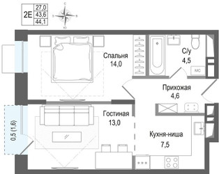 Планировка двухкомнатной(квартира) площадью 43.6 квадратных метров в ЖК “ЖК КИНОКВАРТАЛ”