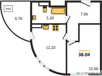 Планировка однокомнатной(квартира) площадью 38.04 квадратных метров в ЖК “ЖК Дом‐Мегалит в Королёве”