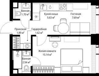 Планировка однокомнатной(квартира) площадью 36.21 квадратных метров в ЖК “ЖК Веер”