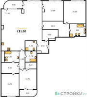 Планировка 4+ комнатной(квартира) площадью 211.5 квадратных метров в “ЖК Лаврушинский”