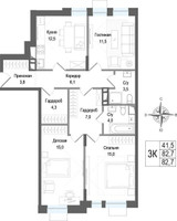 Планировка трехкомнатной(квартира) площадью 82.7 квадратных метров в “ЖК КИНОКВАРТАЛ”