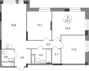 Планировка трехкомнатной(квартира) площадью 73.7 квадратных метров в ЖК “ЖК Первый Московский”