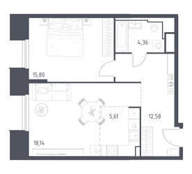 Планировка однокомнатной(апартаменты) площадью 56.49 квадратных метров в ЖК “ЖК Скай Спутник”