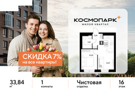 Планировка однокомнатной(квартира) площадью 33.84 квадратных метров в “ЖК ЭВО”