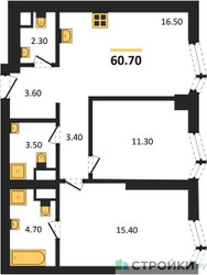Планировка двухкомнатной(квартира) площадью 60.7 квадратных метров в ЖК “ЖК Айс Тауэрс”
