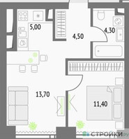 Планировка однокомнатной(квартира) площадью 39 квадратных метров в “ЖК Upside Towers (Апсайд Тауэрс)”