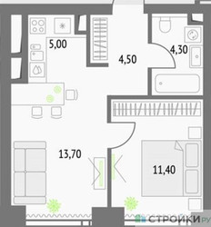 Планировка однокомнатной(квартира) площадью 39 квадратных метров в ЖК “ЖК Upside Towers (Апсайд Тауэрс)”