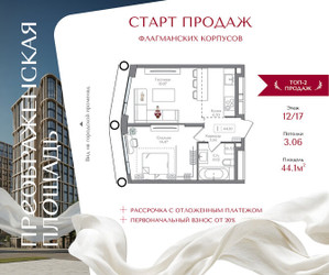 Планировка однокомнатной(квартира) площадью 44.1 квадратных метров в ЖК “ЖК Преображенская Площадь”