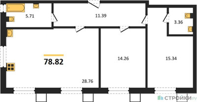 Планировка двухкомнатной(квартира) площадью 78.82 квадратных метров в ЖК “ЖК Бархат”