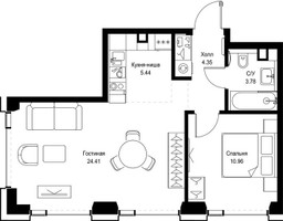 Планировка однокомнатной(квартира) площадью 48.94 квадратных метров в “ЖК СЕТ”