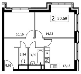 Планировка двухкомнатной(квартира) площадью 50.69 квадратных метров в ЖК “ЖК Городские Истории”