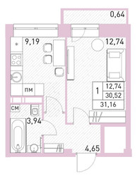 Планировка однокомнатной(квартира) площадью 31.9 квадратных метров в ЖК “ЖК Столичный”