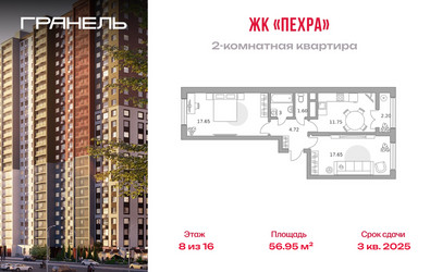 Планировка двухкомнатной(квартира) площадью 56.95 квадратных метров в ЖК “ЖК Пехра”
