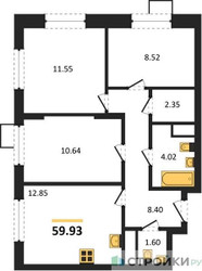 Планировка трехкомнатной(квартира) площадью 59.93 квадратных метров в ЖК “ЖК Новотомилино”