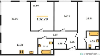 Планировка трехкомнатной(квартира) площадью 102.78 квадратных метров в ЖК “Квартал Foriver”