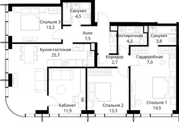 Планировка трехкомнатной(квартира) площадью 108.4 квадратных метров в ЖК “ЖК Сити Бэй”