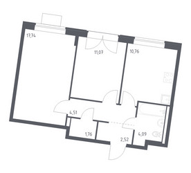 Планировка двухкомнатной(квартира) площадью 52.45 квадратных метров в ЖК “ЖК Квартал Западный”