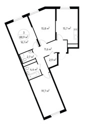Планировка трехкомнатной(квартира) площадью 88.9 квадратных метров в ЖК “ЖК Переделкино Ближнее”
