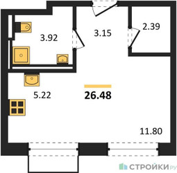 Планировка студии(квартира) площадью 26.48 квадратных метров в ЖК “ЖК Квартал Домашний”