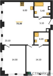 Планировка двухкомнатной(квартира) площадью 72.2 квадратных метров в ЖК “ЖК Мангазея на Тульской”