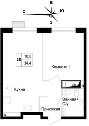 Планировка однокомнатной(квартира) площадью 33.9 квадратных метров в ЖК “ЖК Две столицы”