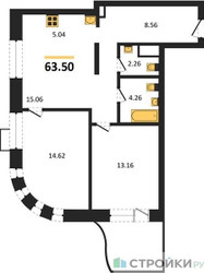 Планировка двухкомнатной(квартира) площадью 63.5 квадратных метров в ЖК “ЖК UNO Соколиная гора”