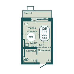Планировка однокомнатной(квартира) площадью 28 квадратных метров в ЖК “ЖК Андреевка Life (Андреевка Лайф)”