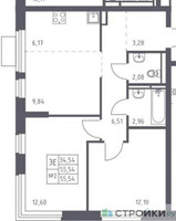 Планировка двухкомнатной(квартира) площадью 55.54 квадратных метров в “ЖК Новое Видное”