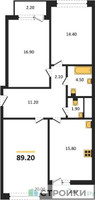 Планировка трехкомнатной(квартира) площадью 89.2 квадратных метров в “Квартал Филатов луг”