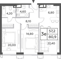 Планировка трехкомнатной(квартира) площадью 80.9 квадратных метров в “ЖК Will Towers (Вилл Тауэрс)”
