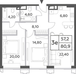 Планировка трехкомнатной(квартира) площадью 80.9 квадратных метров в ЖК “ЖК Will Towers (Вилл Тауэрс)”