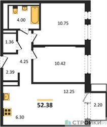 Планировка двухкомнатной(квартира) площадью 52.38 квадратных метров в ЖК “ЖК Пятницкие луга”