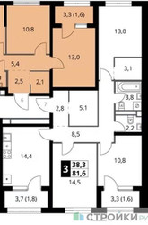 Планировка трехкомнатной(квартира) площадью 81.6 квадратных метров в ЖК “ЖК 1-й Ясеневский (Первый Ясеневский)”