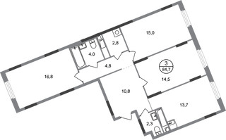 Планировка трехкомнатной(квартира) площадью 84.7 квадратных метров в “ЖК Переделкино Ближнее”