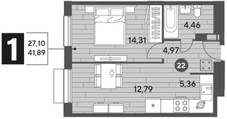 Планировка однокомнатной(квартира) площадью 41.89 квадратных метров в “ЖК Публицист”