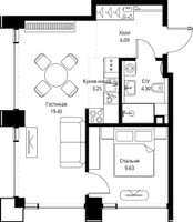 Планировка однокомнатной(квартира) площадью 42.72 квадратных метров в “ЖК СЕТ”