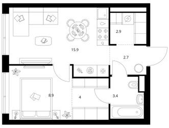Планировка однокомнатной(квартира) площадью 37.8 квадратных метров в ЖК “ЖК Строгино 360”