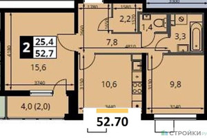 Планировка двухкомнатной(квартира) площадью 52.7 квадратных метров в “ЖК 1-й Южный (Первый Южный)”